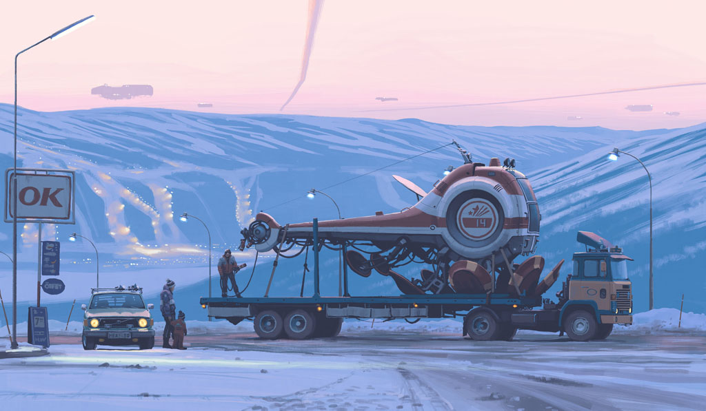 a futuristic spaceship is being transported on a truck in a snowy landscape. the sky is a beautiful gradient of pink and blue, and the ground is covered in snow. the spaceship is red, white, and blue and has a large, round cockpit. the truck is blue and white and has a large, round cab. the landscape is very quiet and desolate, with only the truck and the spaceship in sight. the image is very atmospheric and surreal, and it gives a sense of loneliness and isolation.