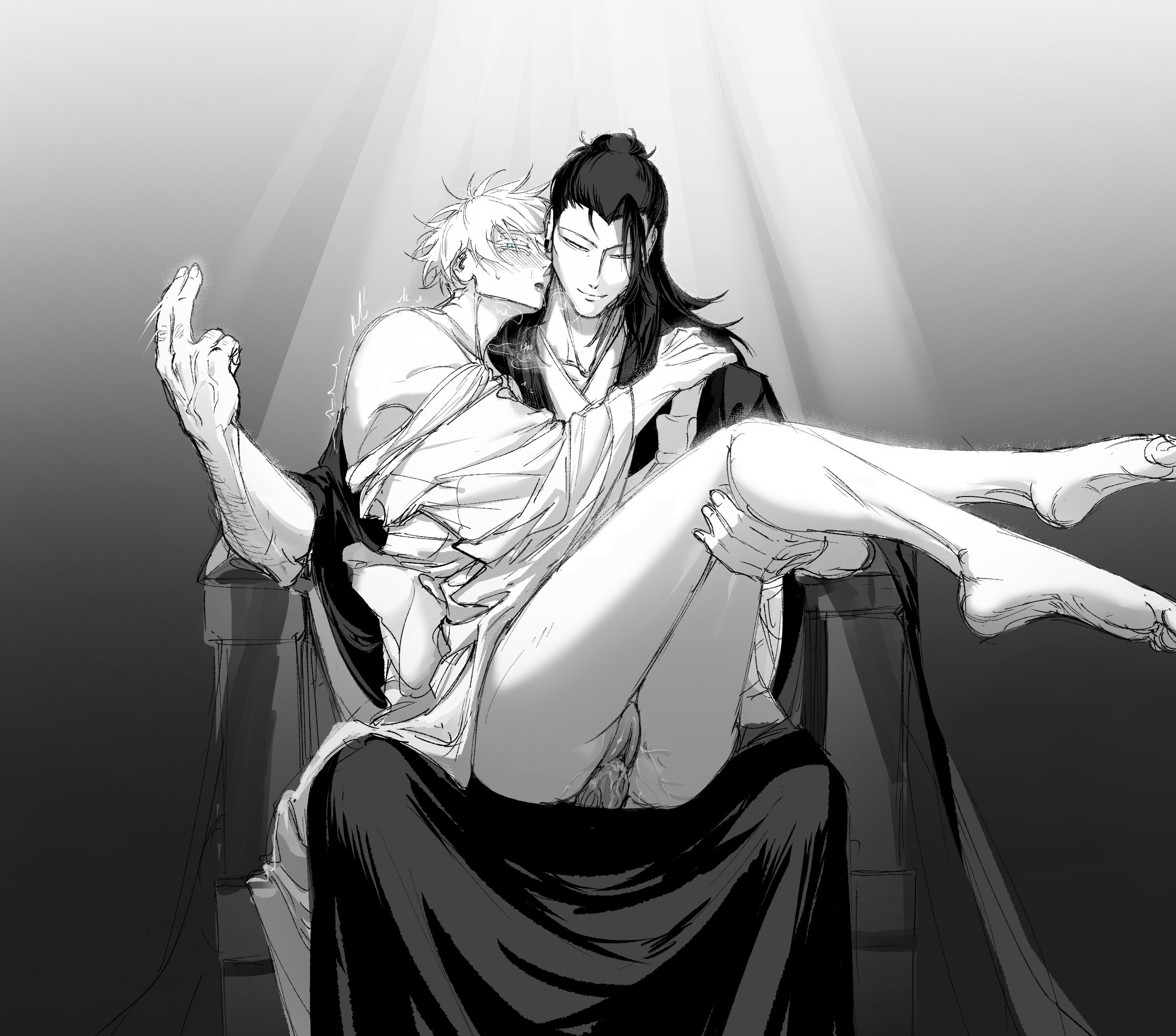 the image is a black and white drawing or sketch, possibly fanart, depicting two men in a close and intimate embrace.  the style is reminiscent of anime or manga. one man, with shorter, lighter hair, is being held closely by the other, who has longer, darker hair and is seated on what appears to be a throne or ornate chair. the shorter man's legs are draped across the taller man's lap. the scene is dramatic, with strong contrasts of light and shadow, and suggests a passionate or romantic encounter.  the overall tone is sensual and suggestive.