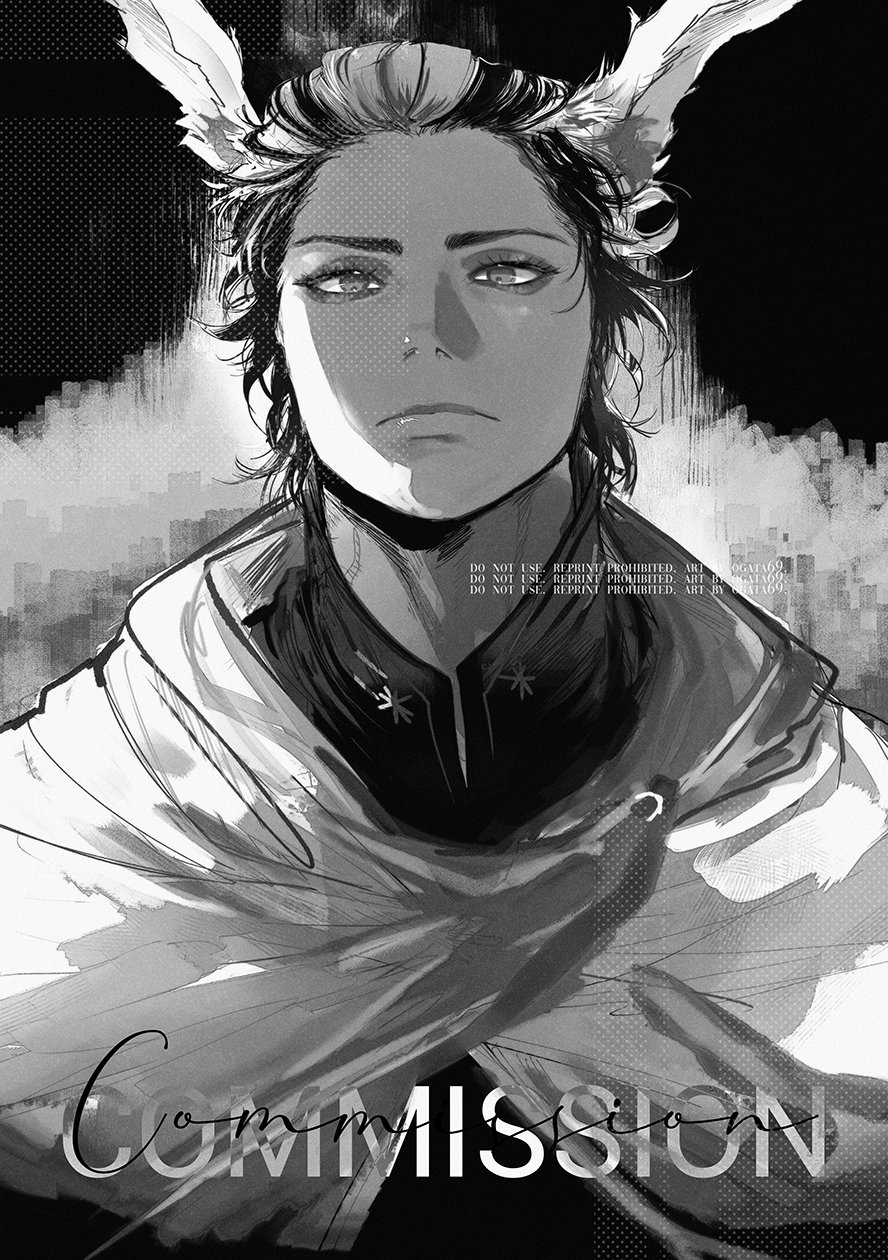this image is a black and white illustration of a sad young boy with animestyle features. he is wearing a white cloak with his hood pulled up. he is holding his head down and appears to be looking down at the ground. the image is very detailed and wellcrafted. it has a somber and melancholic tone. the text "commission" is at the bottom of the image.