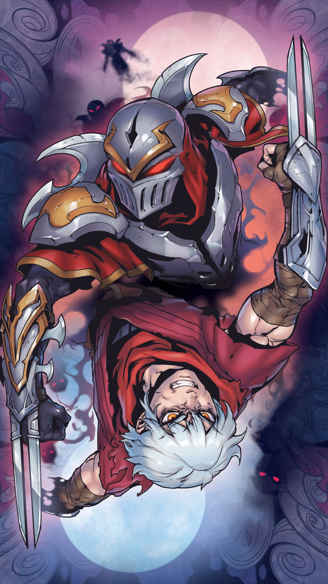 the image is a digital illustration of the two league of legends characters, rengar and kha'zix. the image features rengar in his traditional garb, holding a dagger, with kha'zix as a silhouette in the background.  rengar has his red eyes open, while kha'zix is closed. the two are depicted in a dark and misty environment with a moon behind them. the illustration is in a style similar to a comic book.