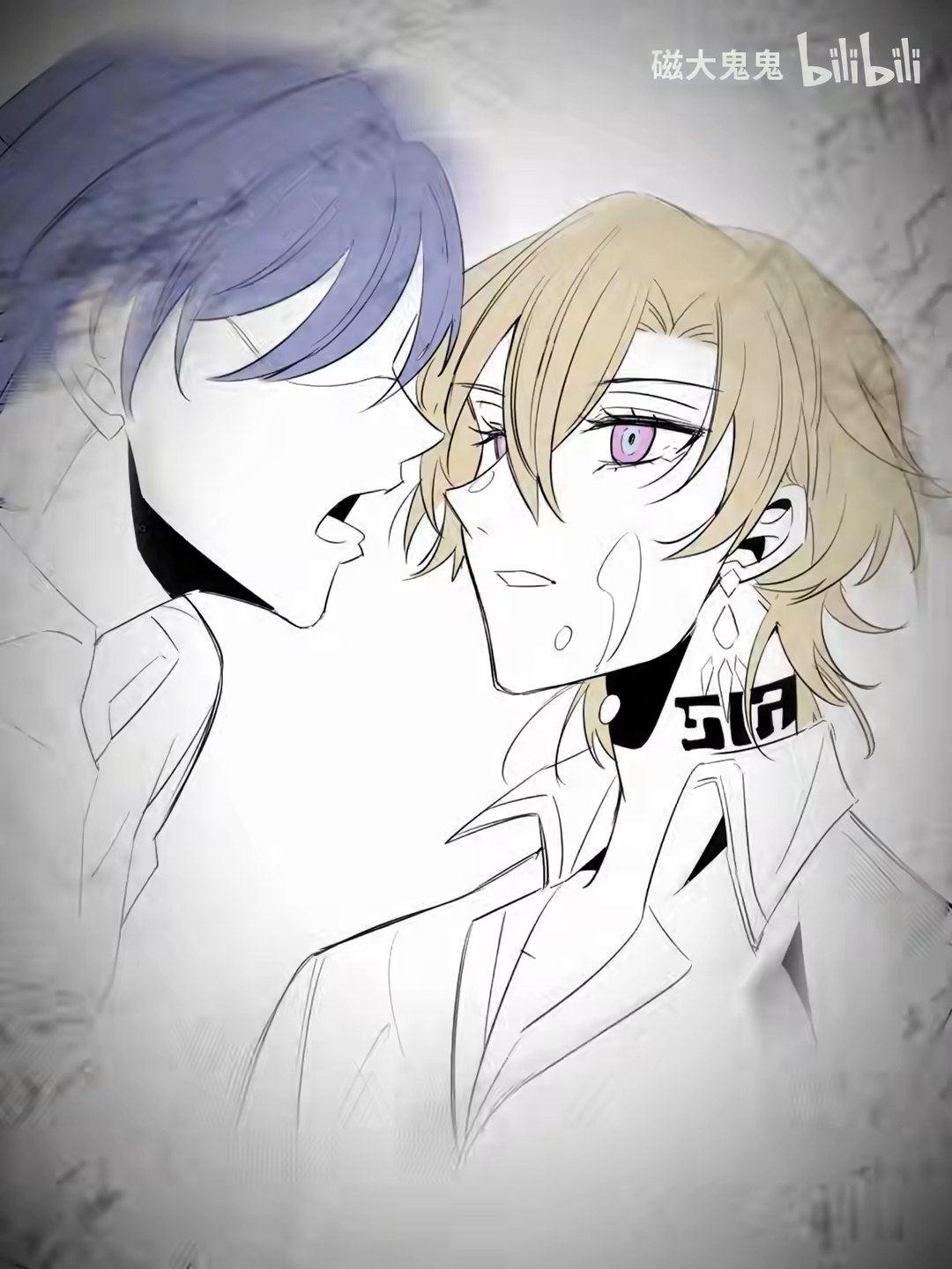 he image is a monochrome animestyle drawing of two young men who appear to be in a romantic relationship. one has short, dark hair and the other has longer, lightcolored hair.  they are close together, with their faces almost touching, suggesting intimacy or a kiss. the style is somewhat sketchy and unfinishedlooking, with areas that are faded or seem to be fading away, creating a nostalgic or melancholic feel.  there is chinese text, "破大境界," and the bilibili logo in the upper right corner. the overall impression is one of romance, but also sadness or a sense of lost time.