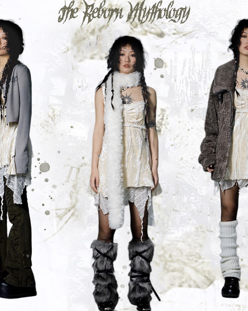 the image showcases three fashion models styled in a blend of gothic and winterinspired looks. each model is wearing a unique outfit, including dresses, cardigans, sweaters, fur boots, and leg warmers in shades of gray, beige, and white. the overall aesthetic is alternative, with a grunge feel, consistent with a style that could be described as "the return mythology".  the models are posed against a white backdrop with textured elements, suggesting a stylized or artistic photoshoot setting. the image has a strong fashion editorial feel.