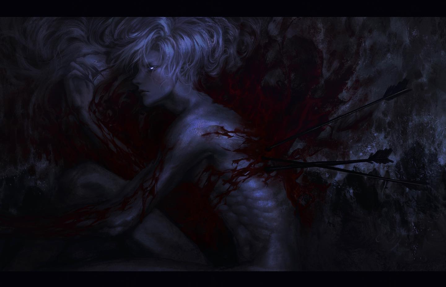 the image portrays a young man with white hair, pierced by multiple arrows in his back, kneeling in a dark, almost cavelike environment. blood stains his pale skin and the ground around him. his expression is one of intense pain and agony. the overall mood is dark, somber, and emotionally charged, leaning towards dark fantasy themes. the lighting is dramatic, employing a chiaroscuro technique that emphasizes the figure and the blood against the dark background.