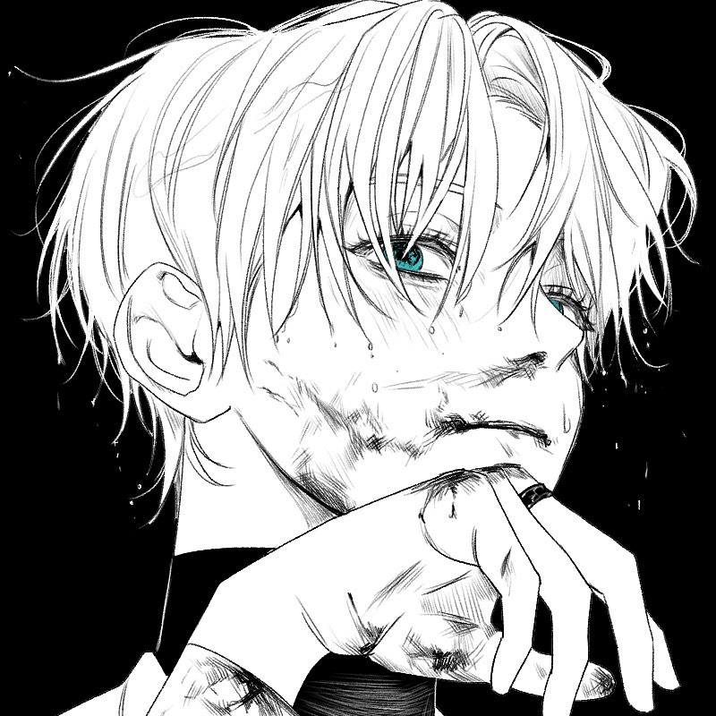 this is a black and white illustration of an anime or manga boy with white hair and blue eyes. he has a few scars on his face and hand, and his expression is one of sadness or pain.