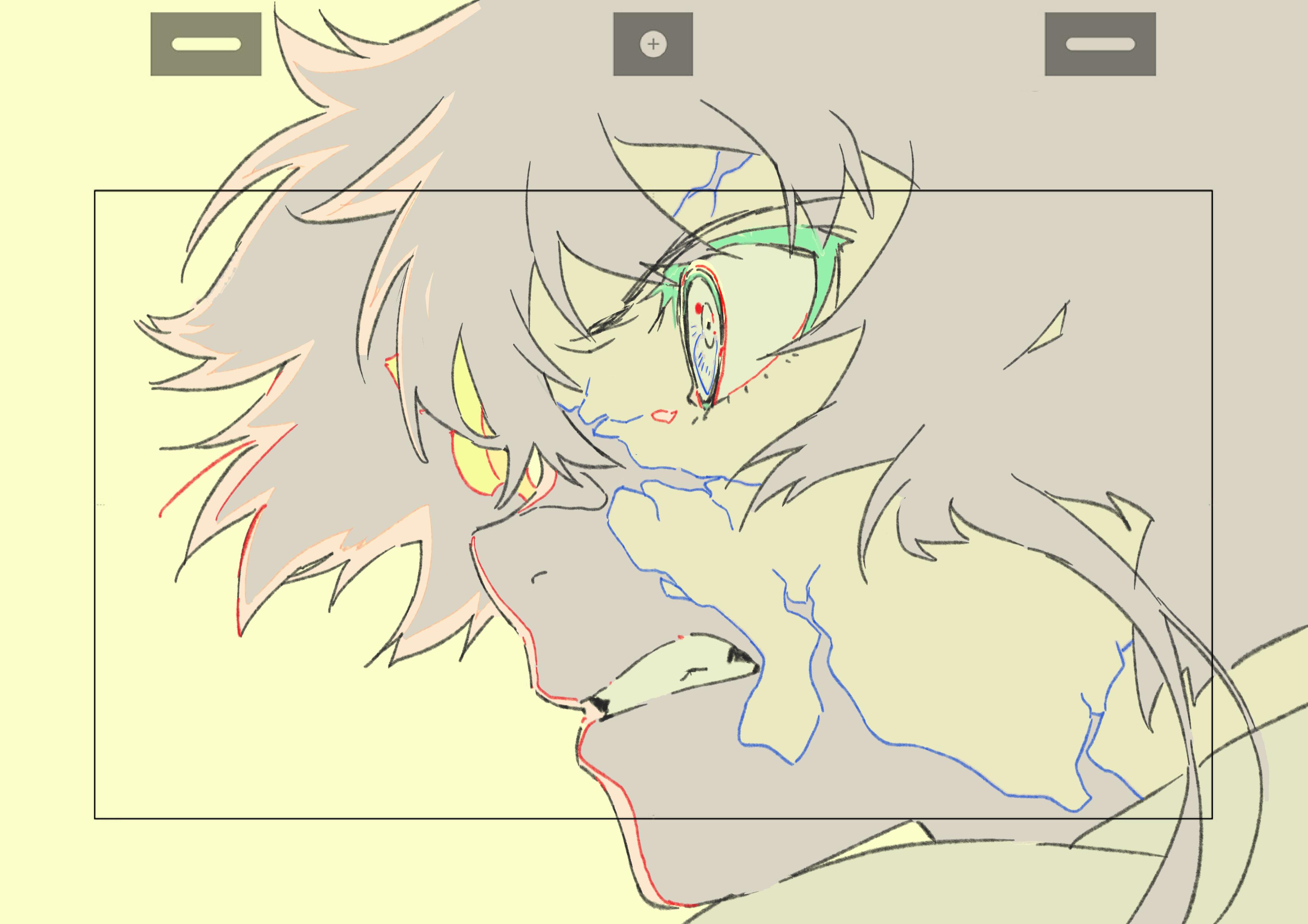 a stylized drawing of a young man's face in a moment of intense emotion. his eyes are wide and bloodshot, teeth gritted, and blue lines evocative of energy or veins crackle across his skin. the style is reminiscent of japanese anime and manga, emphasizing dramatic linework and closeup perspective. the color palette is limited, with pops of red and green against a pale yellow background. the overall impression is one of raw emotion and power.
