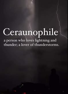 a dark, stormy night with lightning strikes in the sky. the words "ceraunophile" are in the center of the image with a definition underneath: "a person who loves lightning and thunder; a lover of thunderstorms." the image is of a person standing in the silhouette of a lightning strike.
