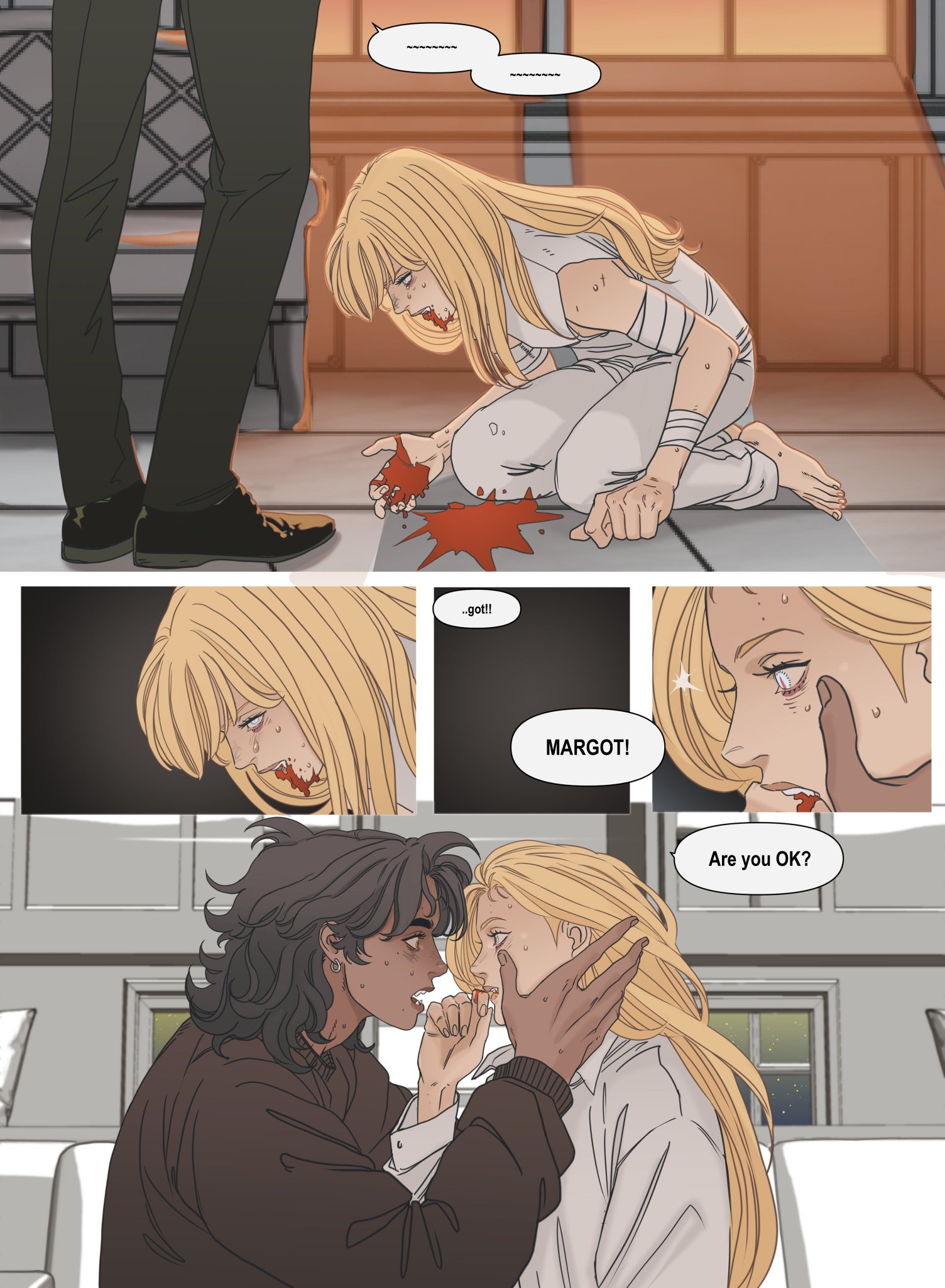 the image is a comic panel showing a woman with blond hair covered in blood and bandages kneeling on the ground. a man is standing in the background. there is a speech bubble with dashes. the next panel shows a close up of the woman. a panel next to it is of her name said with the expression of alarm. the final panel shows the woman being held by a man with dark hair who asks if she is okay.