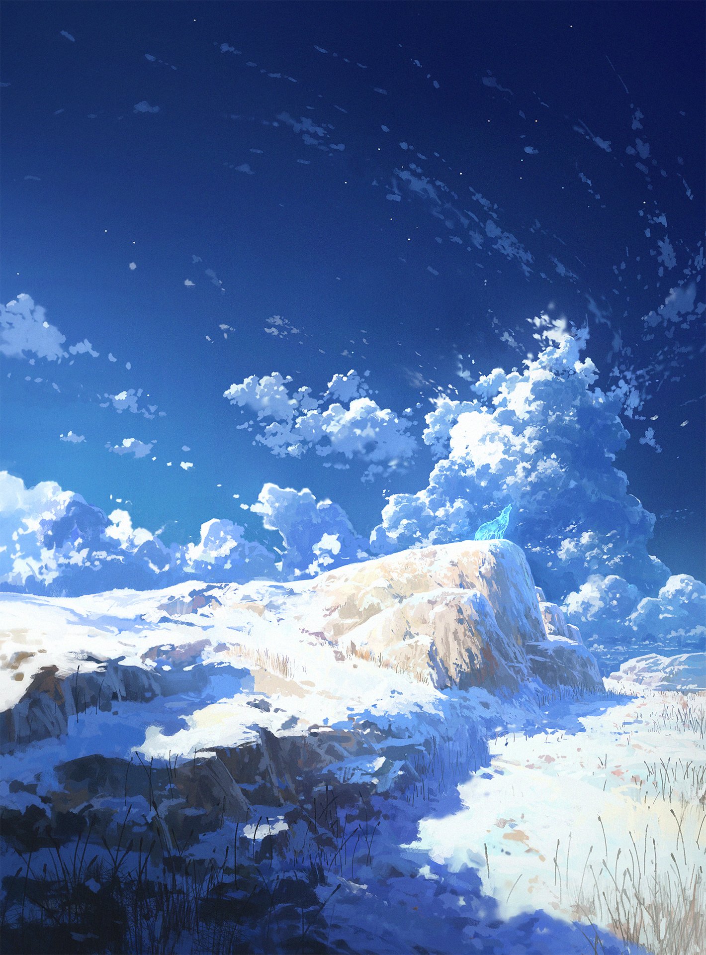 this is an anime style digital art of a snowy mountain landscape. there are white clouds in the blue sky. the snow on the ground looks soft and fluffy. overall, the image evokes a sense of peace and tranquility.