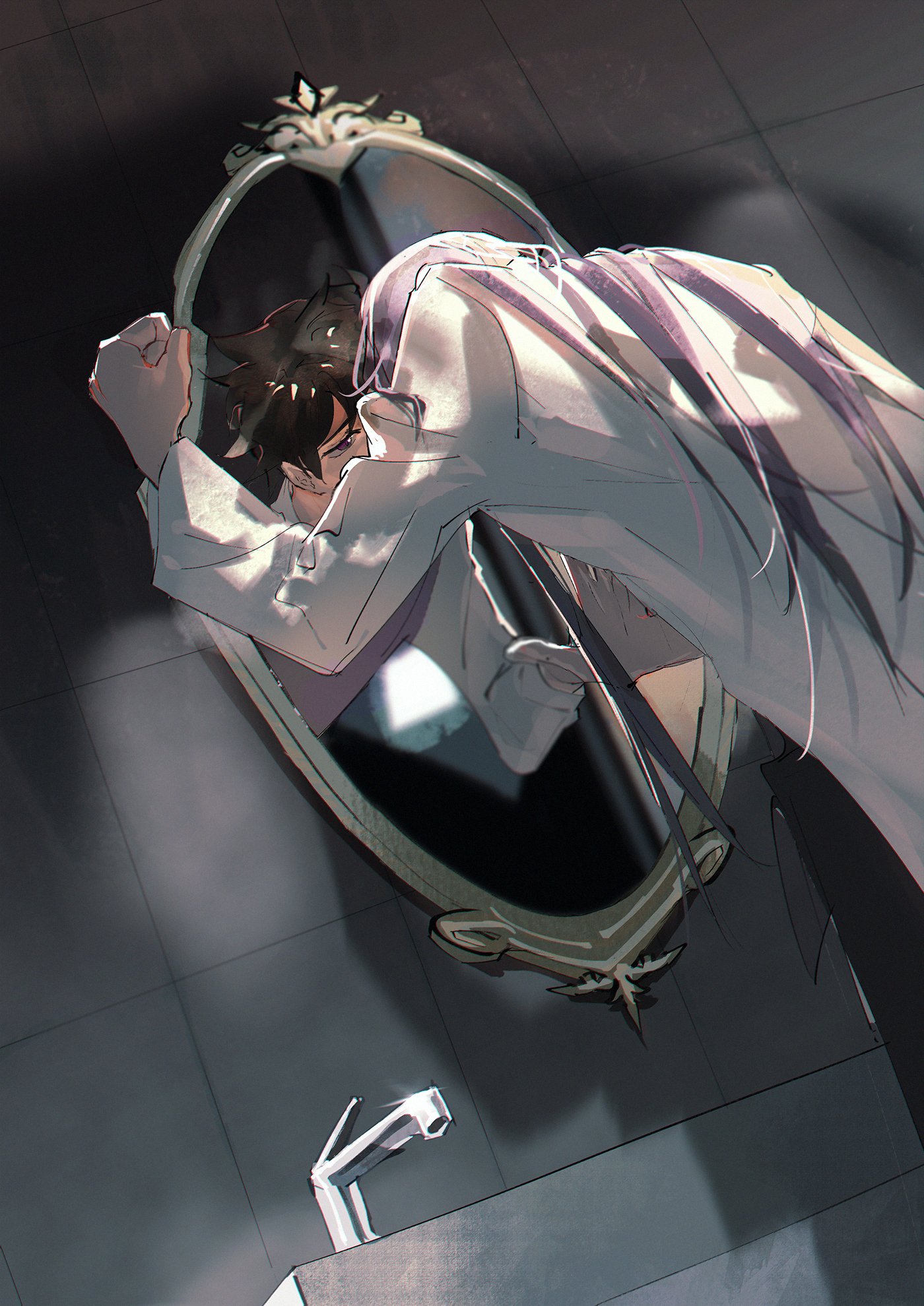 this is a digital painting that depicts a person looking in a mirror. they are sitting in a bathroom and are reflected in the mirror. the person in the reflection is slouched over, as though in pain. the person in the foreground is obscured, so it is unclear if they are looking down in sadness or if they are looking at the person in the mirror. the image is dark and moody, with a sense of sadness and despair. the person in the reflection is only a head and shoulders shot, so the rest of their body is not visible. the person's hair is long and flowing, and their face is obscured by their hands. the room is dark and the only light source is from the mirror. the bathroom tiles are dark and the sink is almost completely covered in shadow. the faucet is the only bright spot in the image.  there is a faint glow from the mirror, but it does not seem to be from a light source. the mood of this image is melancholy and contemplative.
