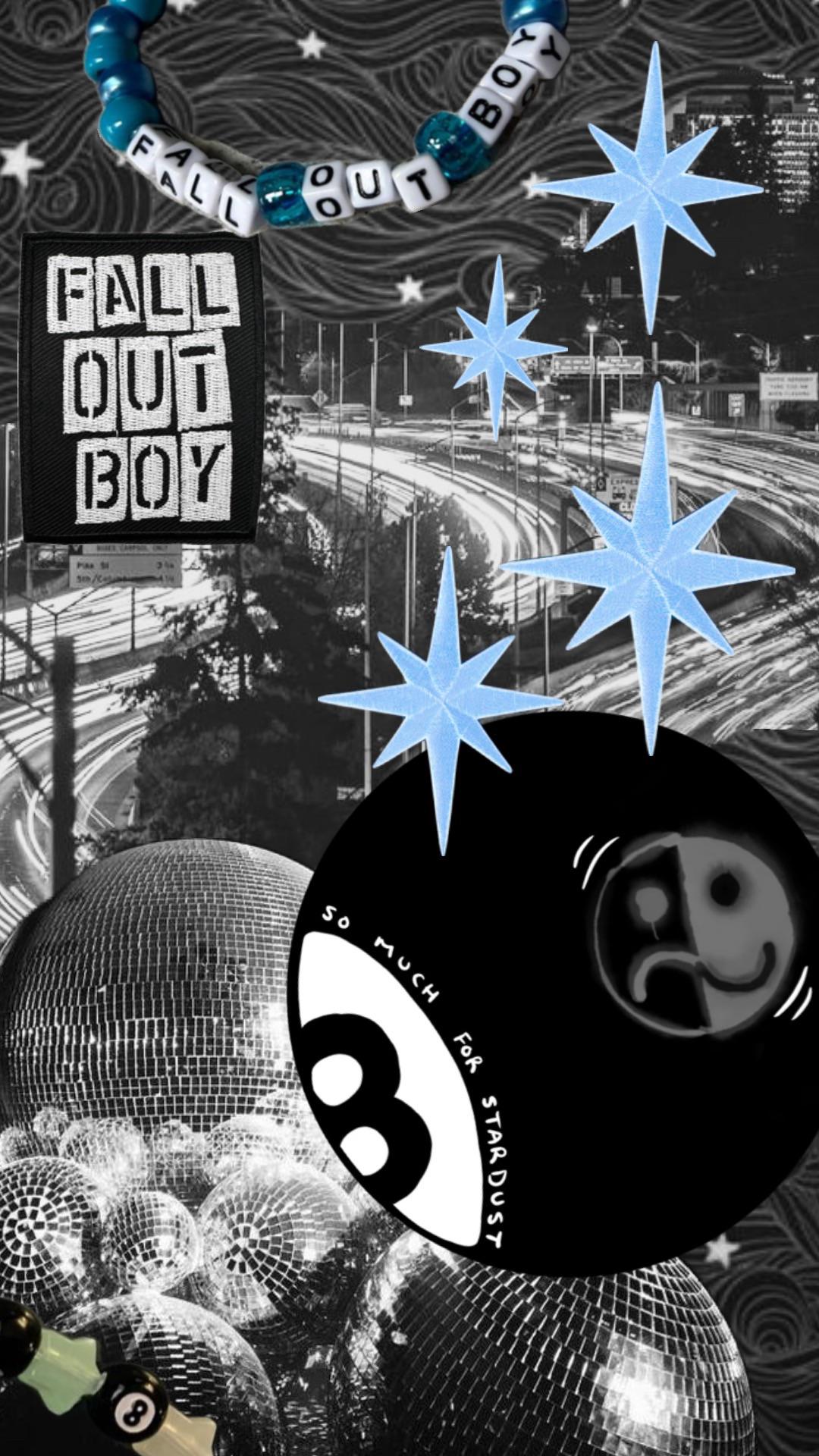 a black and white image with a fall out boy album cover design. the design includes a black and white 8 ball with the words "so much for stardust" on it, a blue background with white stars, and a black fall out boy text. the image also has many disco ball, and a blue background with white stars.