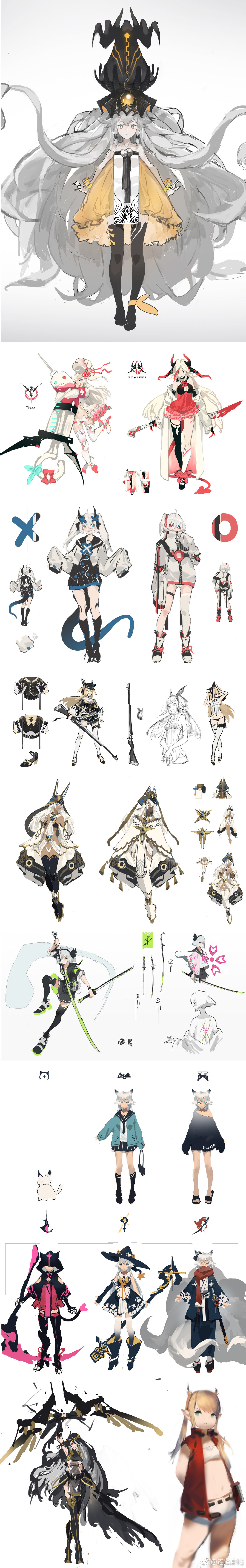 the image showcases a series of character design concepts, likely for a video game or anime. all characters are female and presented in a dynamic anime style. each character is depicted with unique outfits, hairstyles, weapons, and poses. the overall aesthetic leans towards a fantasy genre with a focus on elaborate costumes and weaponry.