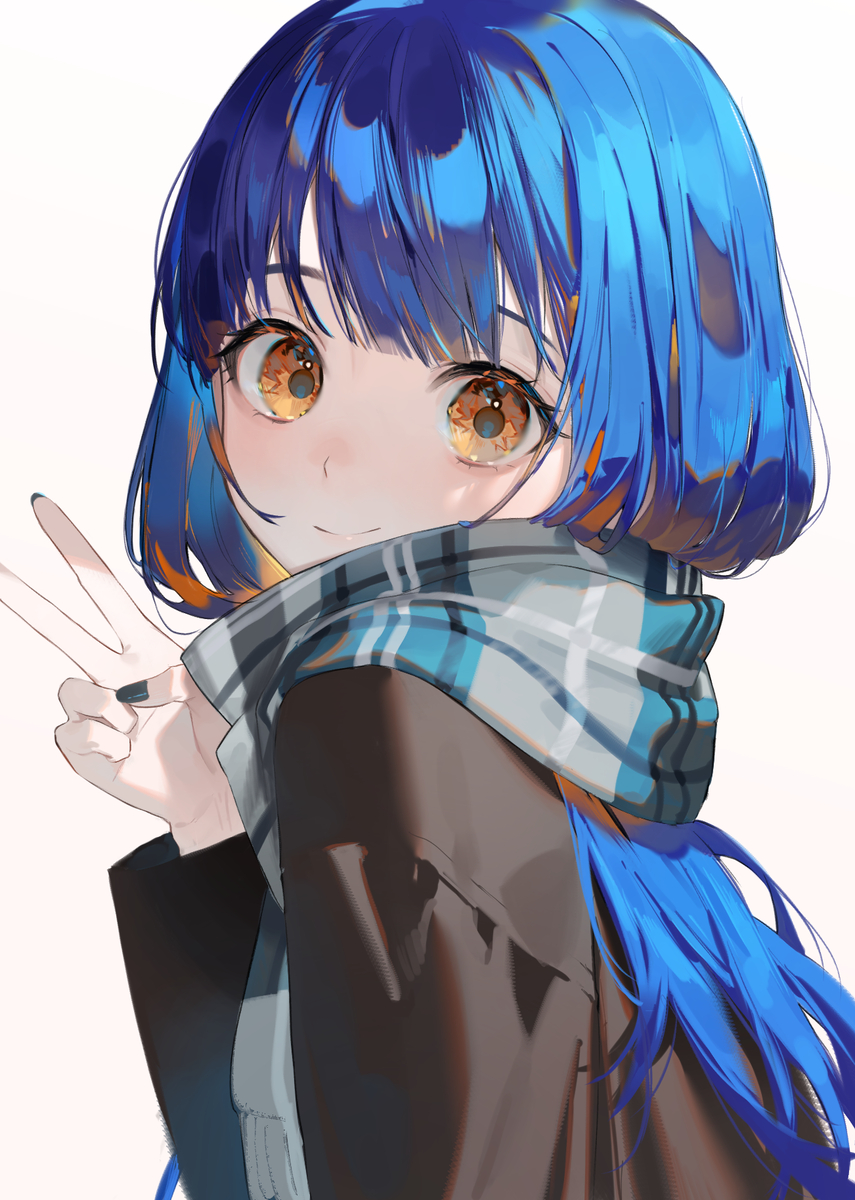 an anime girl with shoulderlength blue hair and brown eyes is wearing a brown jacket and a plaid scarf. she is holding up a peace sign with her left hand, which has black nail polish. she has a cute and youthful appearance. the background is plain white.