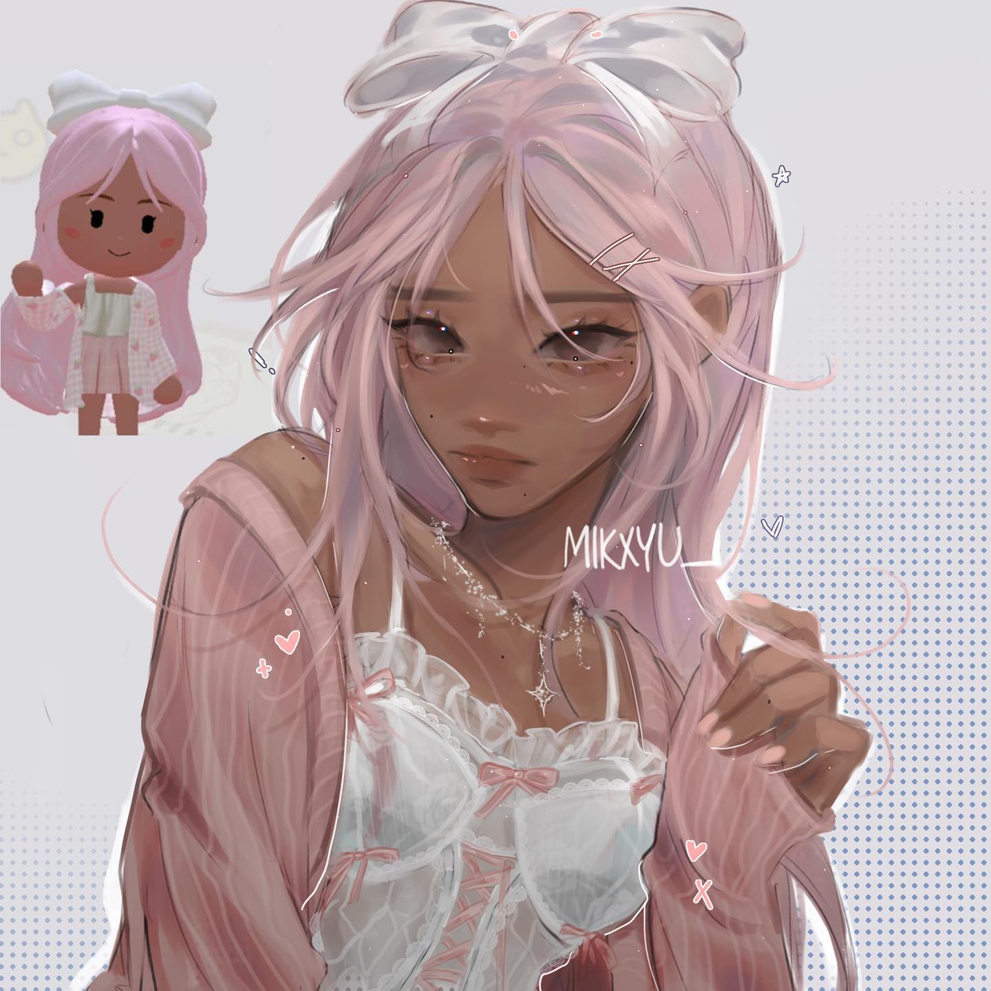 the image is a digital fanart depicting a stylized animestyle girl.  she has long, light pink/purple hair with a large pink bow. her skin is dark brown. she's dressed in a pastel pink cardigan over a white lace corset top.  a smaller chibistyle version of the same character,  that appears to be inspired by a roblox avatar, is shown in the upper left corner. the overall style is very cute, kawaii, and pastelcolored, with soft lighting and shading.  the background is a simple, pale purple dotted pattern. the artist's signature, "mikxyu," is subtly placed near the character's neck.