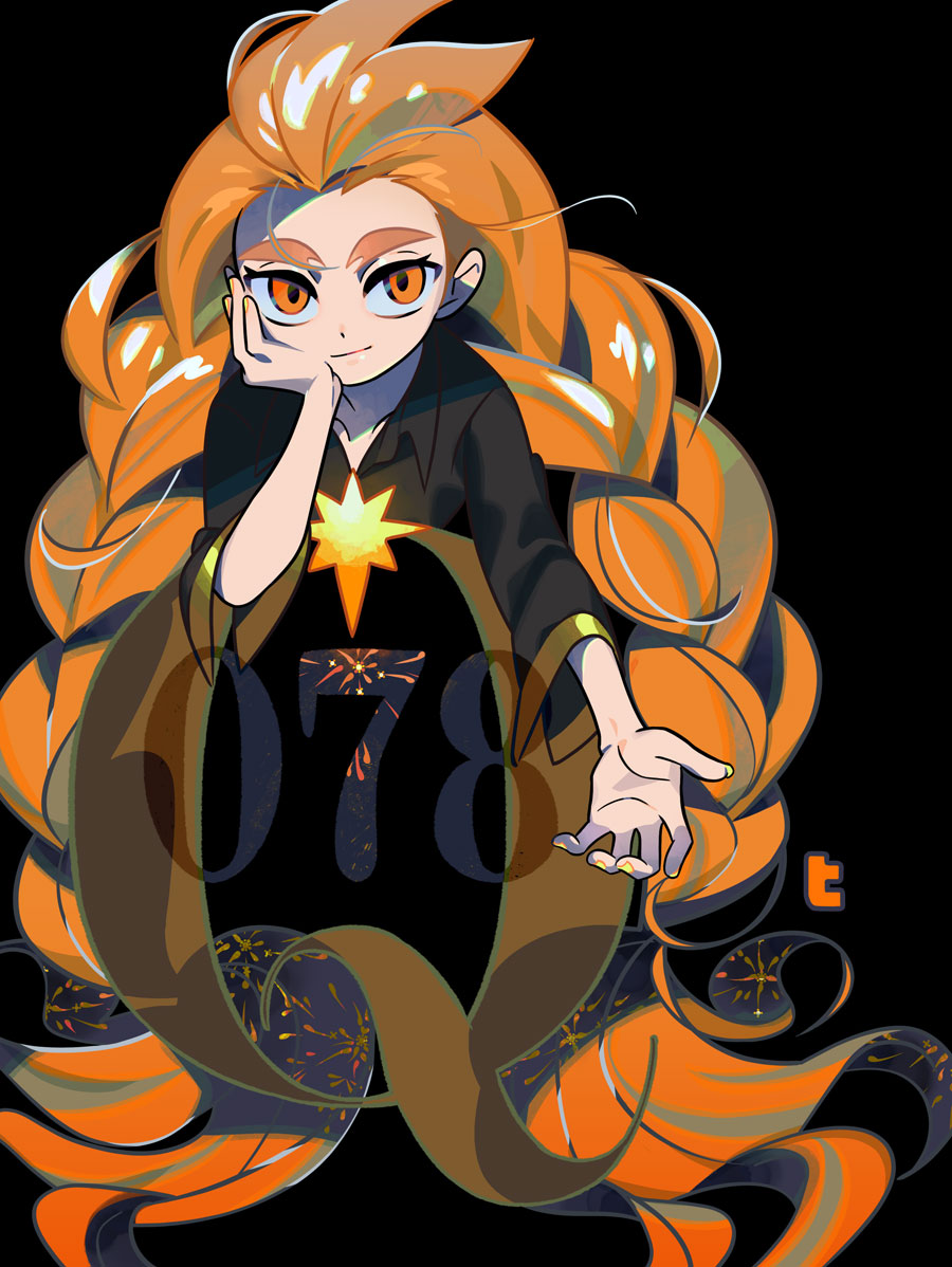 a young anime girl with long, flowing orange hair smiles as she stands against a dark background, her hand extended as if beckoning someone forward. her hair is decorated with sparkling stars and fireworks, creating a magical atmosphere.