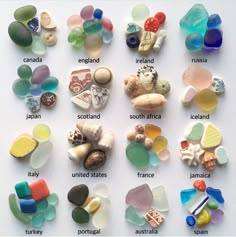 this image shows a map of the world. each country is represented by a small collection of beach glass and seashells that are common to that country.