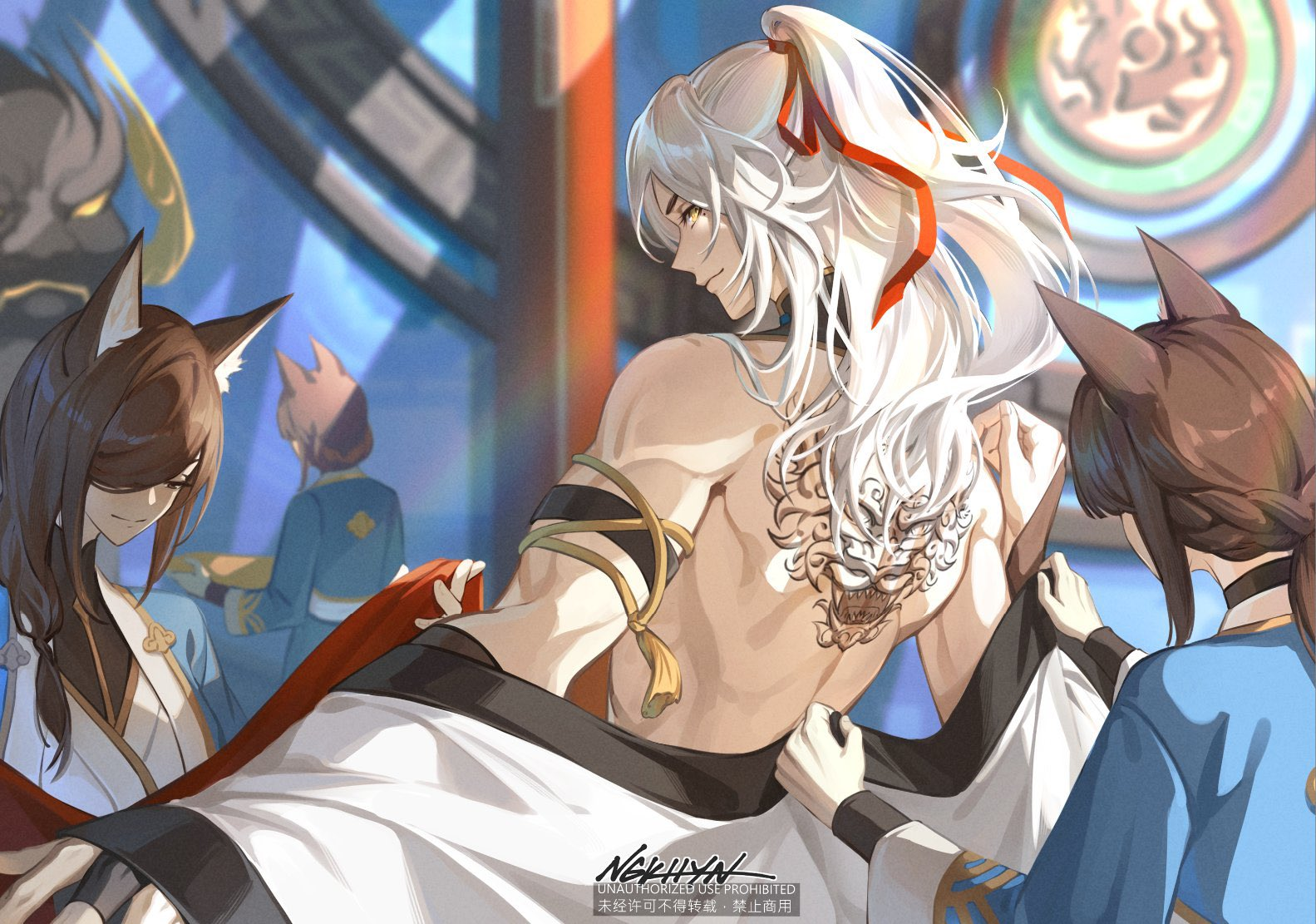 the illustration showcases a scene of preparation, with a focus on a muscular, whitehaired male character with fox ears and a prominent back tattoo. he is barechested, draped in a white cloth, and is being attended to by two other characters. both have brown hair and fox ears, and are dressed in elaborate blue and white attire. the setting appears to be indoors, with a backdrop that hints at a grand, possibly ceremonial, space. the lighting is bright and natural, creating a sense of warmth and vibrancy. the perspective is eyelevel, placing the viewer directly within the scene and emphasizing the intimate nature of the preparation.
