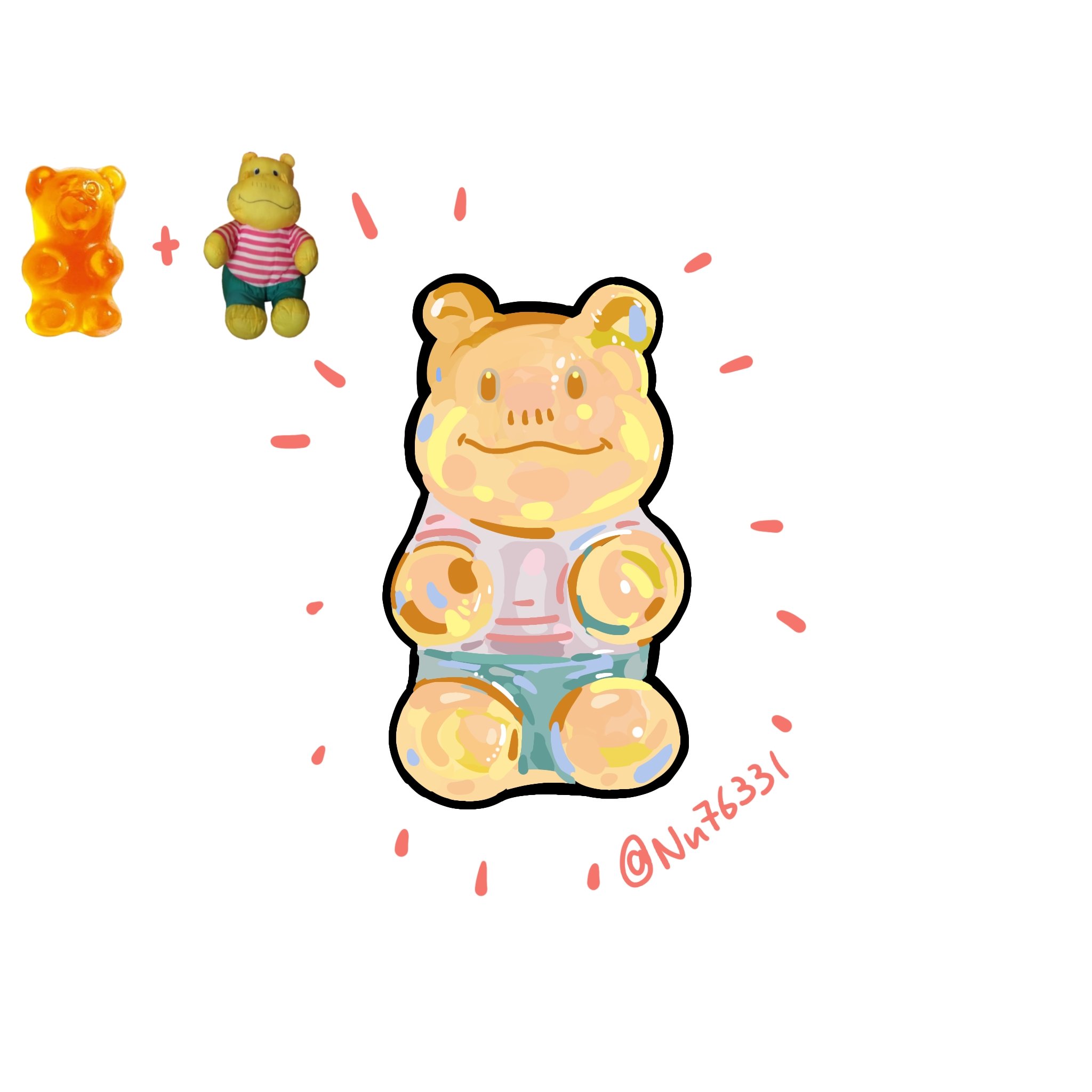 a digital illustration of a gummy bear with a smiling face, with a plus sign on the left side of the picture and a cartoon hippopotamus toy on the right side of the picture.  a signature of @nut76331 is at the bottom right of the image.