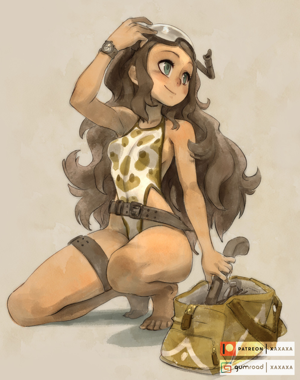 a drawing of a woman in a bikini style diving suit kneeling with her left hand up to her face and her right hand holding a diving mask over a duffel bag. she is wearing a watch on her left arm. her long brown hair is flowing behind her. she is wearing a small green bikini top, which is leopard print, and some sort of black and white striped shorts. her diving mask is black with a white strap. the duffel bag is brown with gold trim.