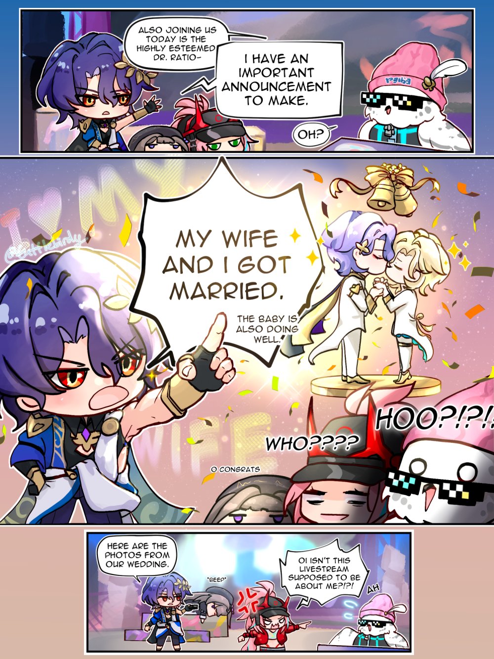 he image is a multipanel comic featuring chibistyle anime characters.  the main storyline centers around a character announcing their marriage and the birth of their baby. the announcement is met with various reactions from other characters, some surprised and others seemingly annoyed that the livestream is not about them. the art style is vibrant and colorful, employing exaggerated expressions to enhance the comedic effect.  there are several characters present, each with distinct designs and personalities.  the overall mood is celebratory but also humorous due to the reactions to the announcement.