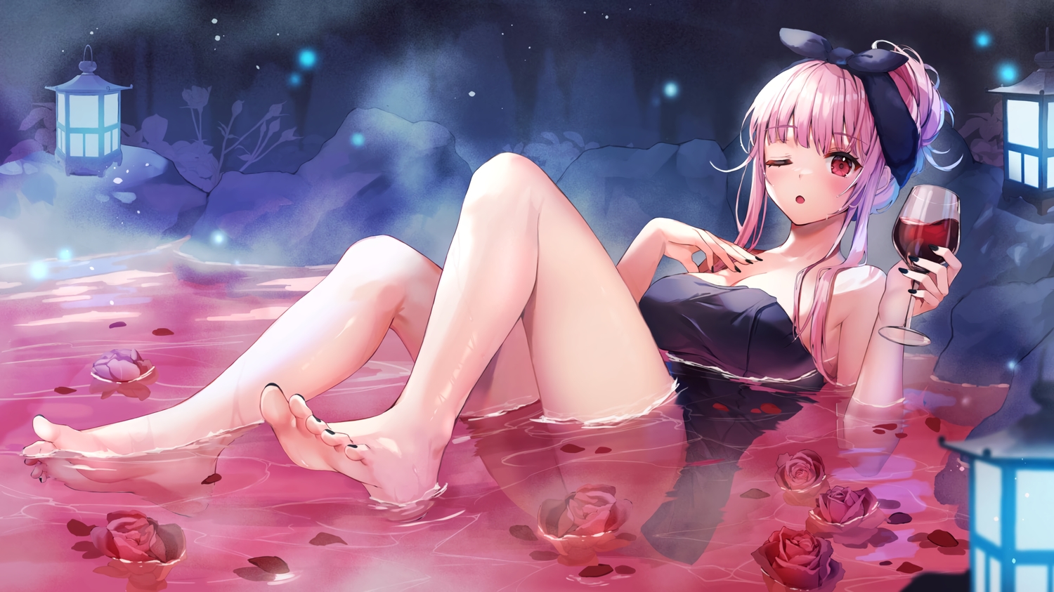 the illustration depicts an animestyle young woman with long pink hair and red eyes. she's relaxing in a pinkhued hot spring bath filled with rose petals.  she's wearing a darkcolored, simple bathing suit and a black headband.  one hand holds a glass of red wine. the scene is set at night, with glowing lanterns adding to the romantic and peaceful ambiance. the artwork is highly detailed and features soft, sensual lighting.