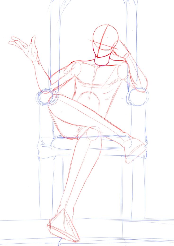 a rough sketch of a figure sitting on a chair, drawn in red and blue lines. it shows the basic shapes and proportions of the body, and the direction of the pose, with no details added yet. the figure is sitting with one leg crossed over the other, and their arm resting on the armrest of the chair. it is a study of the human body in a relaxed pose.