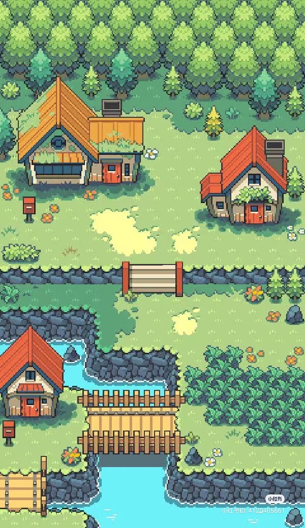 the pixel art image depicts a small village. there are four houses, two on each side of a river. the houses are small and cozylooking, with red roofs and brown walls. there are two bridges over the river, one made of wood and the other of stone. the village is surrounded by lush green grass and trees, and a bright blue sky can be seen in the distance.