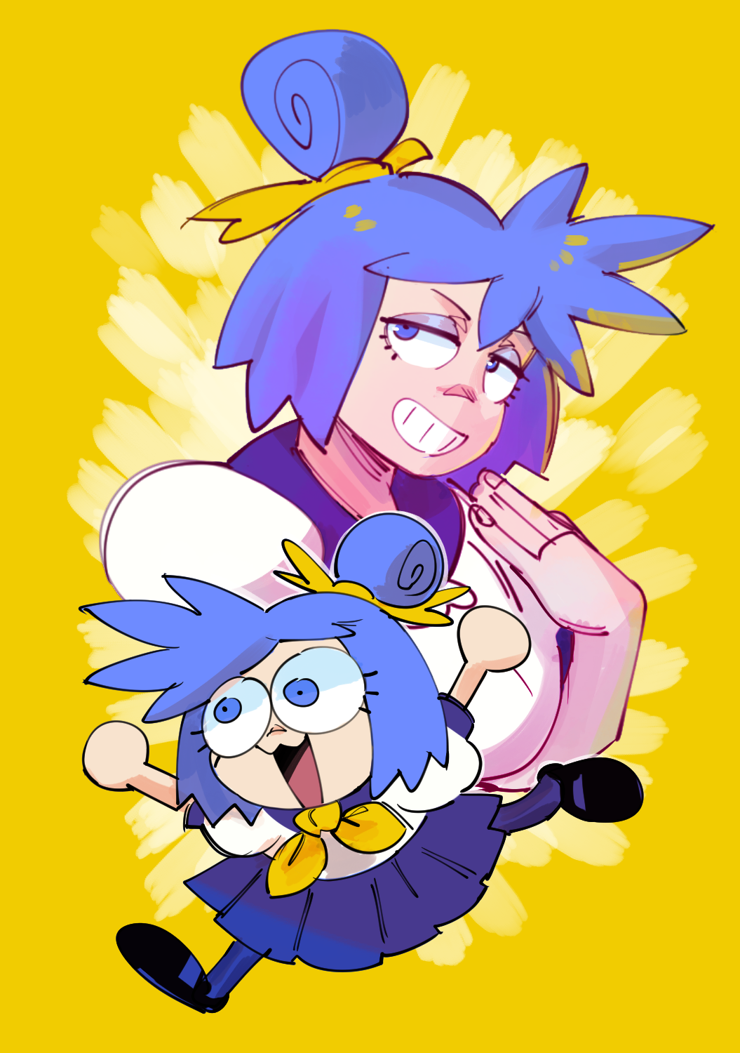 two young girls with blue hair and yellow bows are shown in an illustration. the girl in the foreground is jumping in the air, hands up, while the other girl is standing behind her with one arm up in the air and a hand near her head.  they are both smiling and looking excited and happy, with the background being a bright yellow. they are wearing school uniforms and are holding similar poses.