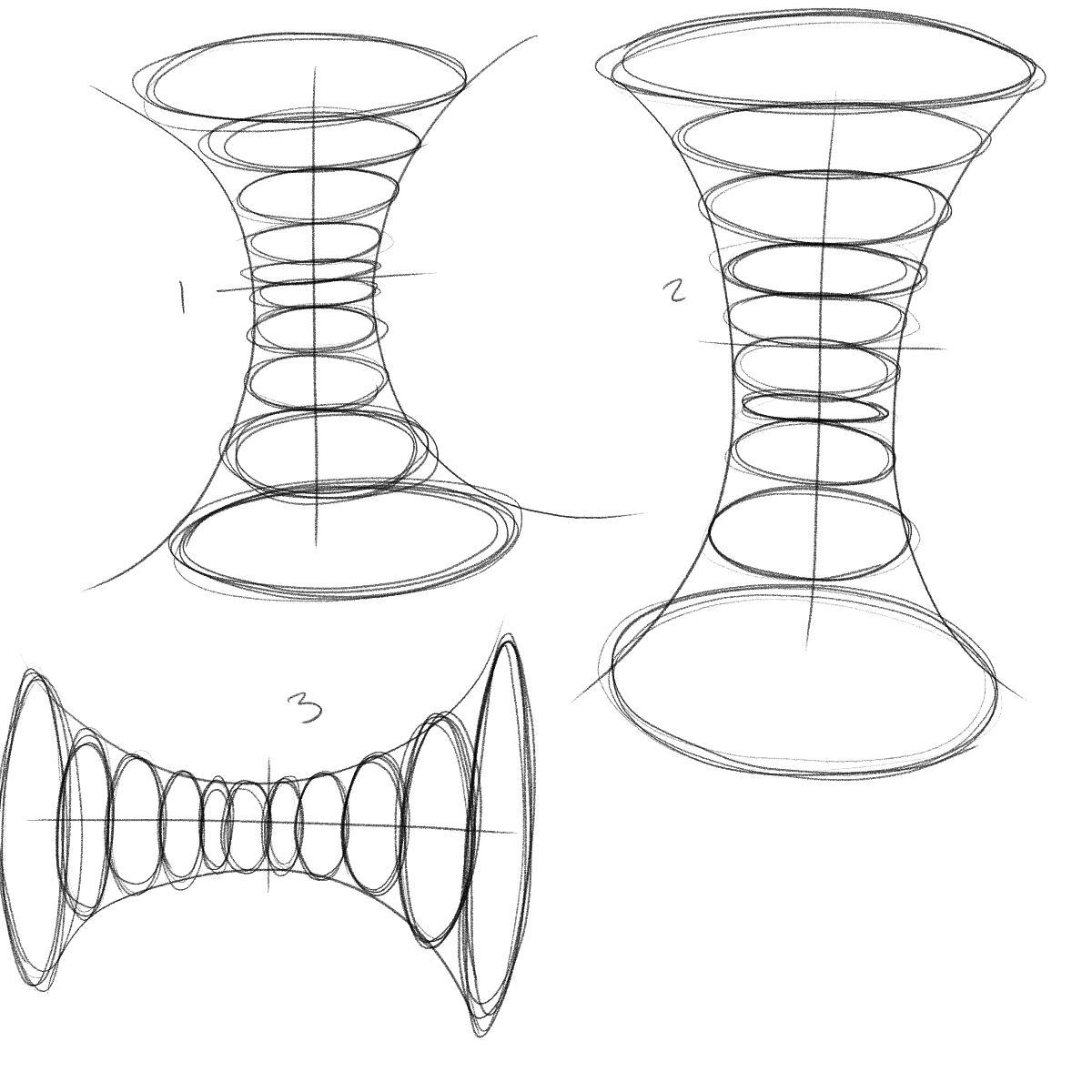 the image shows three different pencil sketches depicting the construction of a threedimensional hourglass shape using ellipses.  each sketch presents a slightly different viewpoint or stage in the drawing process. the sketches are composed primarily of overlapping ellipses, implying a method of generating the form through the manipulation of these basic shapes.  there are light axis lines to guide the drawing in each figure, numbered 1, 2, and 3 for easy reference. the style is loose and expressive, characteristic of a preliminary design sketch.
