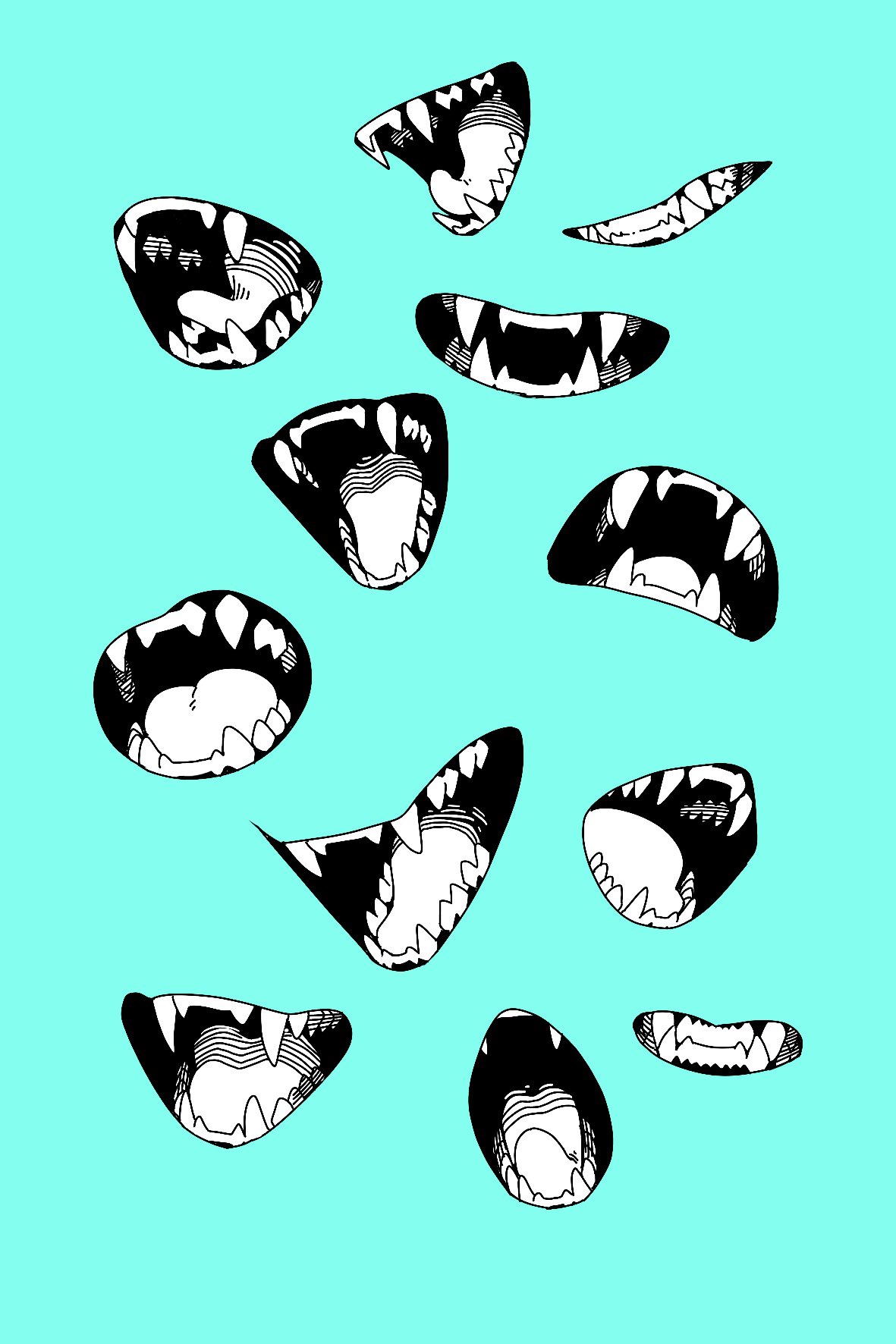 black and white drawings of open mouths with sharp teeth on a turquoise background.