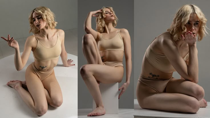 a woman with blonde hair wearing a bra and underwear is captured in a studio shot against a grey background. she is posing in three different positions: kneeling with a hand raised, sitting on a white cube with a hand on her head, and kneeling again with her hand near her mouth. a tattoo is visible on her torso. the image focuses on beauty and fashion.