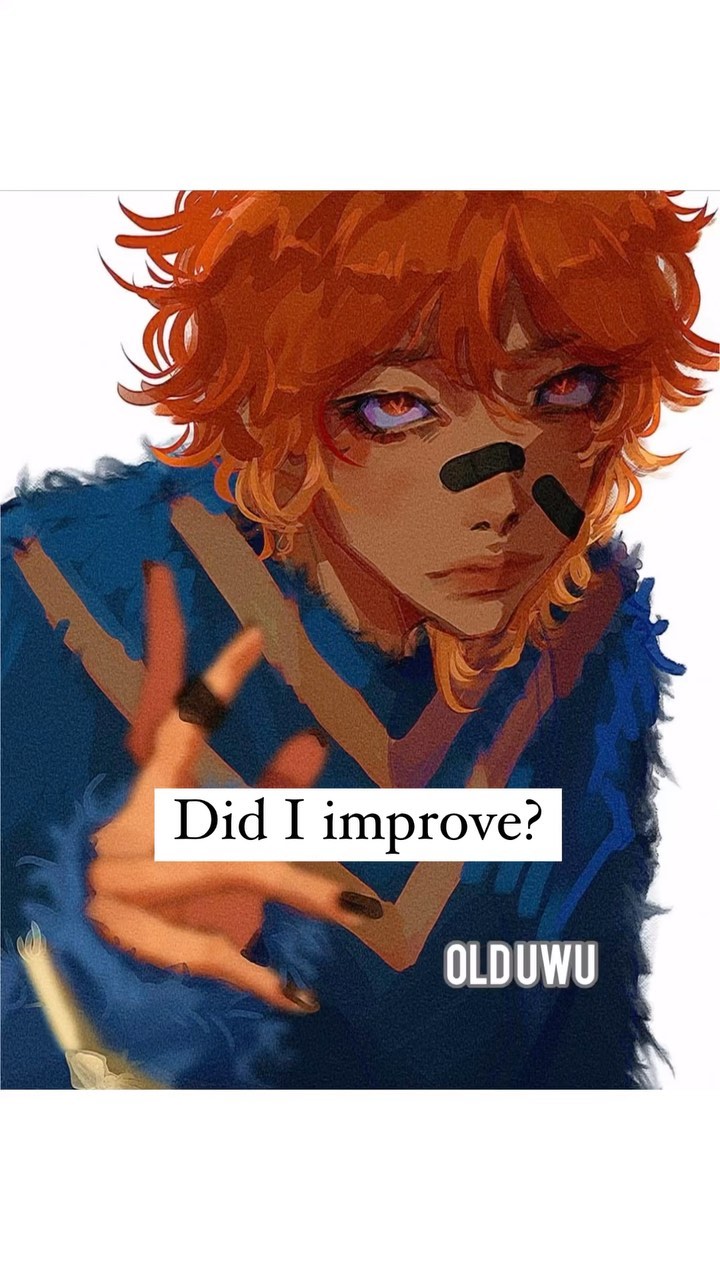 he image is a digital fanart of an animestyle character. the character has bright orange, slightly messy hair, and is wearing a dark blue jacket with lighter blue stripes. they have dark, expressive eyes with purple accents and black athletic tape under their eyes. the character's hand is partially visible, gesturing in a way that seems to be asking a question.  a text box overlays the image asking "did i improve?" with the artist's signature "olduwu" below it. the overall style is artistic and expressive, with a focus on bold colors and a dynamic pose.