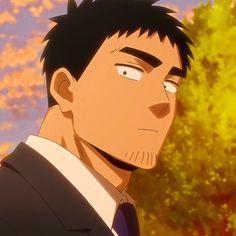 the image shows a closeup portrait of an adult anime man with short black hair and thick eyebrows. he appears to be wearing a suit jacket and tie and has a serious expression. the background suggests an outdoor setting with warm sunset lighting.  the overall tone of the image is soft and warm, with a focus on the man's features.