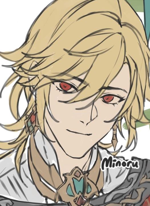 a digital drawing of a male anime character. he has blonde hair that is styled in a long and flowing manner, with a few strands of hair falling over his face. he has red eyes, which are a bit narrowed, giving him a charmingly mischievous expression. he is also wearing a white shirt and a necklace. the image appears to be a character sketch or an illustration. it has a stylized and illustrative feel, with a slightly rough texture and a focus on detail. the character seems to be looking at the viewer, and they are smiling.