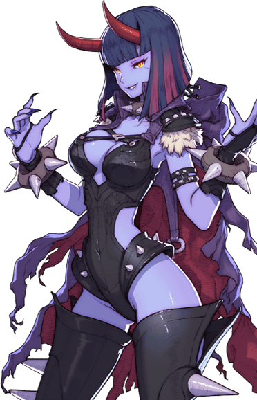 this is a digital illustration of a demon girl with blue skin. she has long, dark blue and pink hair, and large red horns. she's wearing a revealing black outfit with silver studs and spikes, and a red tattered cape. her pose suggests confidence and strength.