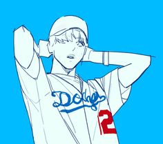 a stylized sketch of a young man in a baseball jersey, drawn against a vibrant blue backdrop. the drawing focuses on the upper body, capturing the man with his hands behind his head, as if in a relaxed pose. the jersey hints at a sporty theme, with the word "dodgers" prominently displayed. the overall aesthetic is clean and minimalist, relying heavily on linework and a limited color palette.