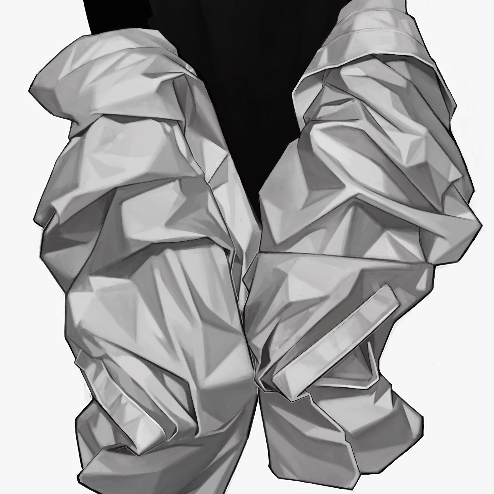 the image is a stylized digital illustration or painting of a garment's sleeves. the sleeves are depicted in a dramatic and abstract way, with the fabric heavily crumpled and draped.  the folds and wrinkles are emphasized, creating a strong sense of texture. the color palette is limited to shades of gray, giving the image a monochrome aesthetic. the style is contemporary and suggests a highfashion or avantgarde approach to clothing design. the overall effect is both artistic and fashionfocused.