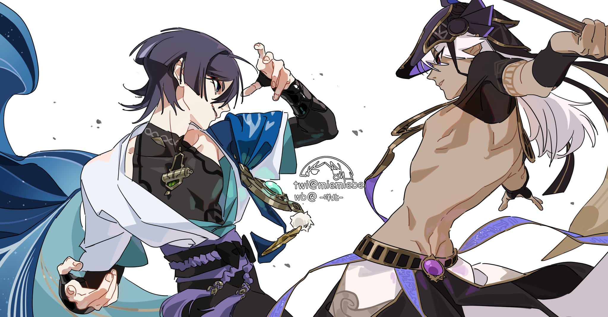 two anime boys are in a fight. one is wielding a sword and is on the left side of the frame, the other is on the right side of the frame and is attacking with his hands. the boy on the left has black hair and is wearing a blue and white outfit. the boy on the right has white hair and is wearing a black and gold outfit. they are both in dynamic poses. they appear to be in a fight, but the atmosphere is not hostile.