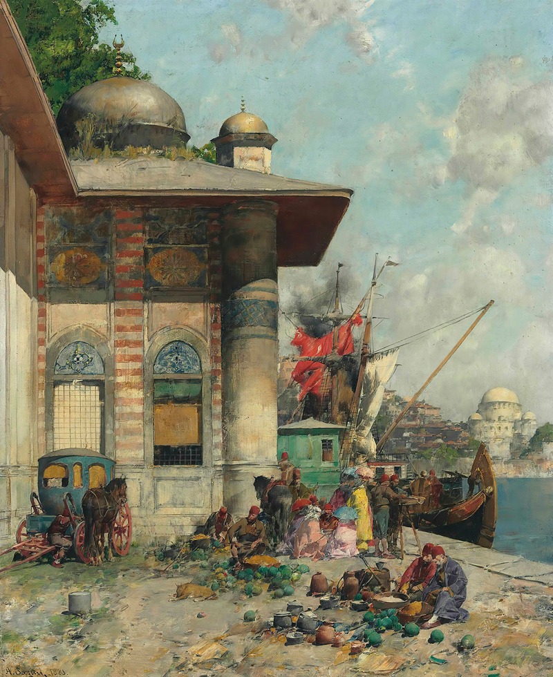 this is a painting depicting a bustling scene at the topkapi palace dock in the ottoman empire. a ship with red sails is docked nearby, and people are gathered around a market selling melons and other goods. some people are wearing fezzes and turbans, and there is a horsedrawn carriage nearby. the architecture of the topkapi palace is visible, including domes and columns. the scene is filled with activity and color, capturing the vibrant atmosphere of the port.