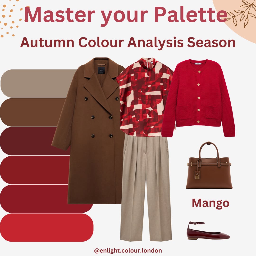 the image presents a fashion illustration focused on autumn color analysis. it displays a color palette featuring various shades of brown and red, along with clothing items that correspond to these colors. the outfit includes a brown doublebreasted coat, a red cardigan, a geometric red and cream blouse, light beige trousers, burgundy shoes, and a brown mango handbag.  the image is titled "master your palette autumn colour analysis season" and aims to guide viewers on choosing colors suitable for the autumn color season.  color swatches are included to clearly show the palette.