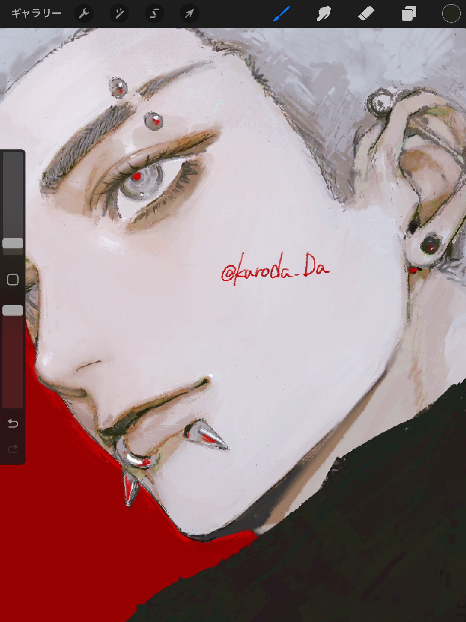 the image is a digital art portrait of a young man with pale skin, white hair, and striking red eyes. he has multiple piercings on his face and ears, some adorned with red gems. he is wearing a black turtleneck.  the background is a vibrant red, creating a stark contrast and drawing attention to his features. the style is reminiscent of emo or gothic aesthetics.