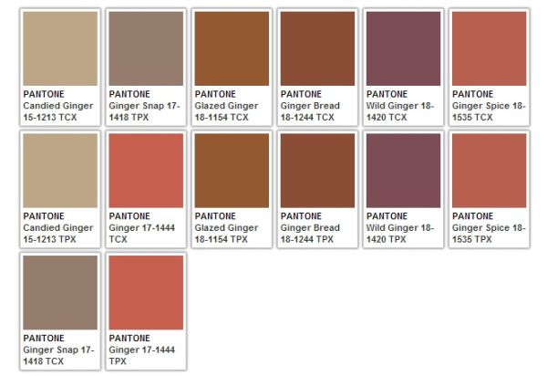 the image displays a collection of pantone color swatches labeled with different shades of ginger, including "candied ginger," "ginger snap," "glazed ginger," "ginger bread," "wild ginger," and "ginger spice." each color is accompanied by its corresponding pantone code in both tcx and tpx formats. the colors range from light tan to deep reddishbrown, creating a diverse palette of warm, earthy tones.