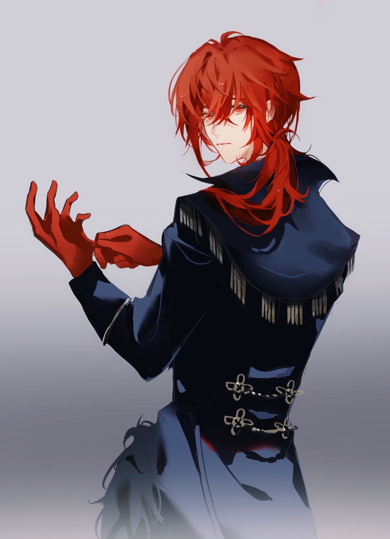 a digital illustration of an anime male character with long red hair. he is wearing a black jacket with gold accents and red gloves. he is posing with his arm out, and his other hand is in his glove. he is looking away from the viewer. the background is a gradient of light gray.
