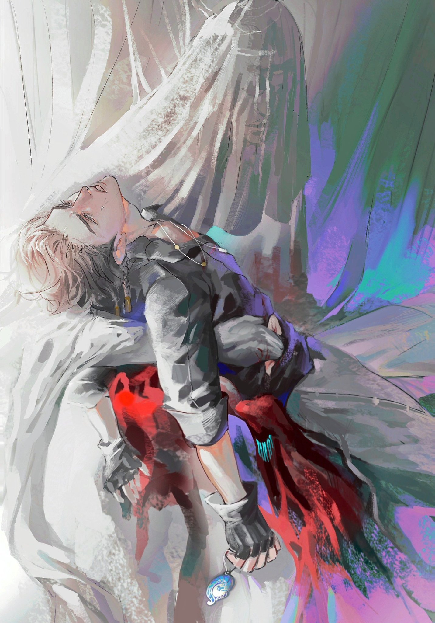this digital art piece depicts a male anime character with blonde hair in a resting pose. the character is laying on a white surface, with a large cloth draped over them.  they are wearing  a black jacket,  red scarf,  black gloves, and jewelry. the image has a dreamy, fantasy feel with use of soft lighting and colors.  the character's pose and expression suggest sadness or surrender.