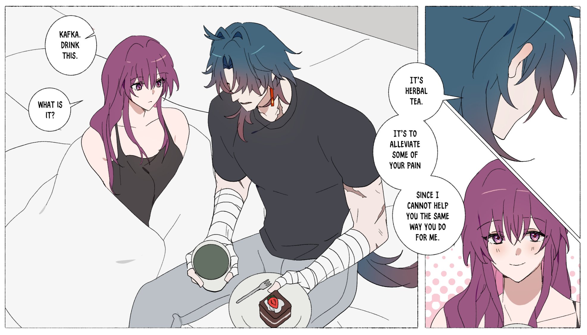 the image is a comic book illustration that depicts a scene between two characters. the male character is injured and has bandages on his arms. the female character is caring for him and offering him food and drink. the background is set in a bedroom. the scene is one of romance and care.
