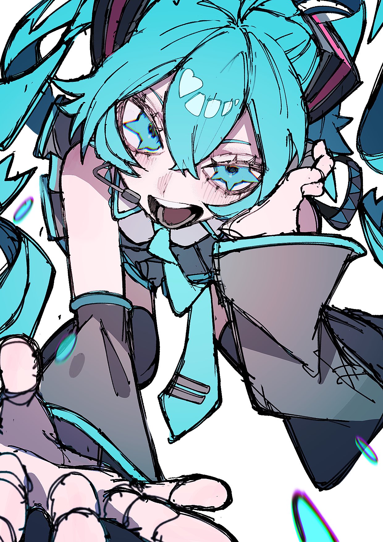 a digital illustration of a young anime girl with blue hair and stars in her eyes. the girl is wearing a black and blue outfit with a large blue ribbon around her neck. she is also wearing headphones and a microphone.  the image is in a cartoon style. the background is mostly white, with a few blue and purple shapes.