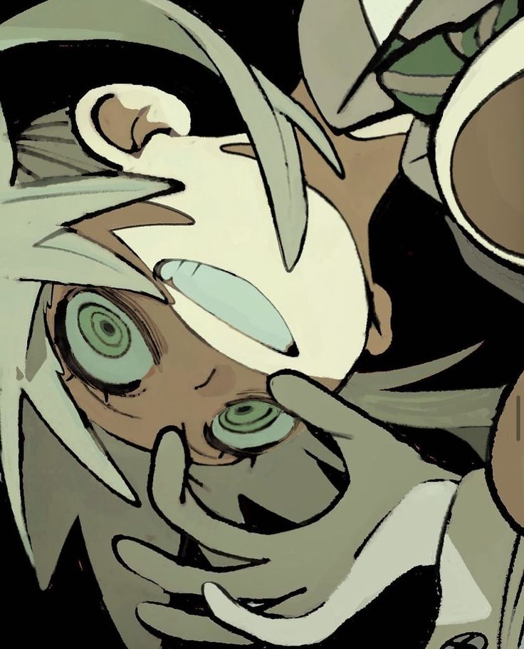 the image is a closeup, stylized illustration in the style of anime or manga. it depicts a character with pale skin, large, swirling green eyes that appear hypnotic or psychedelic.  the character's face is partially obscured by a masklike element or possibly a hand covering their face.  another hand, appearing to belong to a separate entity, is holding or manipulating the character's head. the overall style is dark and mysterious with a surreal and slightly unsettling atmosphere. the color palette is muted and dominated by shades of green, brown, and grey. the line work is thick and bold, giving the piece a graphic novellike quality. the composition is tight, emphasizing the intense interaction between the two figures.