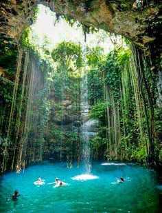 a stunning photo of a tropical jungle waterfall. the water cascades from a rocky cliff and forms a natural swimming pool at the bottom. lush green foliage surrounds the pool, and the water is crystal clear. there are people swimming in the water, enjoying the beauty of the surroundings. the image evokes a sense of peace and tranquility.