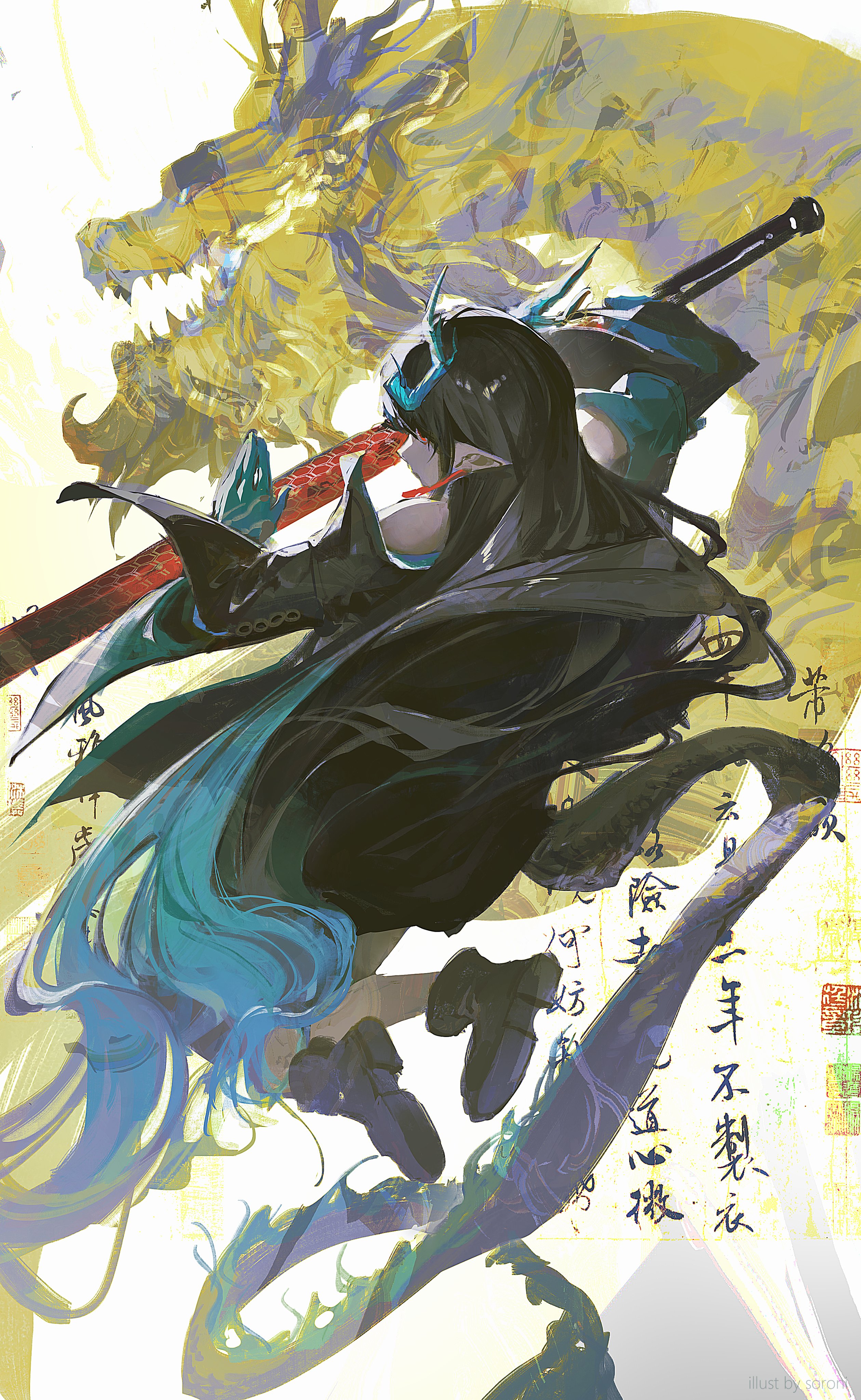 the image is a dynamic illustration featuring a female warrior in midair, locked in battle with a dragon. the warrior, clad in a black outfit, has long flowing blue hair and wields a large sword.  she is positioned in a dynamic pose, suggesting movement and action. behind her, partially obscured, is a golden dragon with its jaws open in a fearsome roar.  the background is stylized with faded asian calligraphy and hints of clouds, further emphasizing the fantasy setting. the overall palette utilizes soft lighting with a muted color scheme.