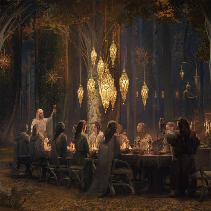 a group of elves, including elrond, are having a feast in a forest setting. they are seated at a long wooden table illuminated by candles and numerous hanging lanterns. the scene is reminiscent of a banquet in rivendell, a place from tolkien's lord of the rings. the atmosphere is festive and magical.