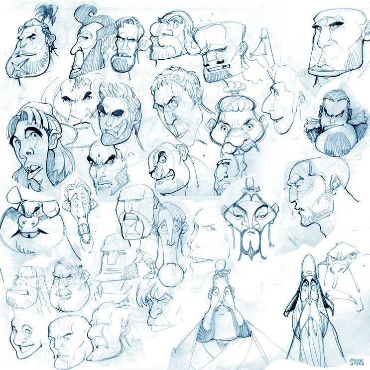 the image is a collection of character sketches, primarily featuring exaggerated and expressive faces of men. rendered in a loose and lively style using blue pencil or charcoal, the drawings capture a variety of personalities and emotions, from comical to serious.